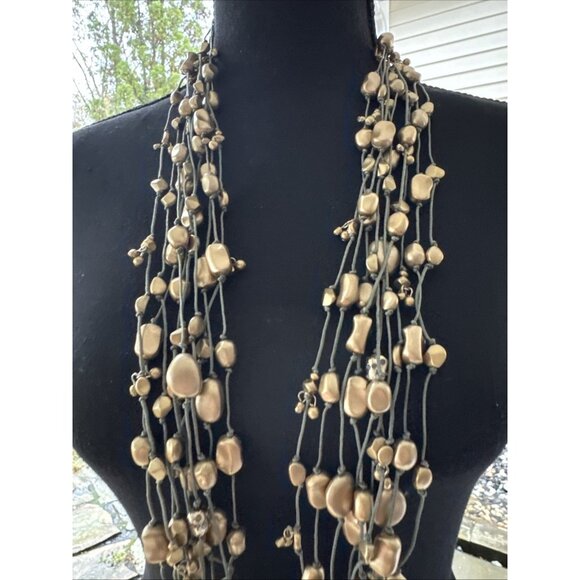 Chicos Olive Green Matte Gold Tone 23" Long Bead Statement Necklace NEW - Picture 2 of 13